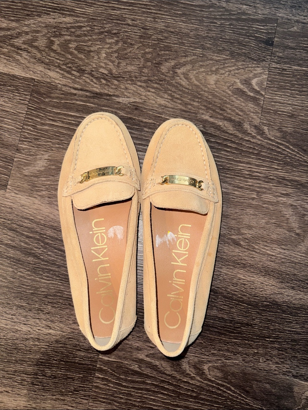Calvin Klein Tan Suede Loafers with Gold Plaque